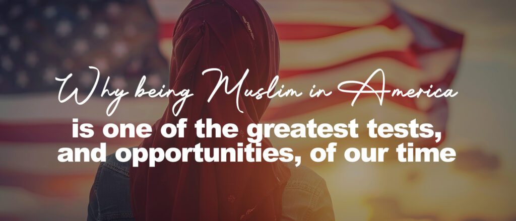 A Muslim woman wearing a maroon hijab stands with her back to the camera, facing a softly waving American flag at sunset, as warm golden light fills the scene and reflects a quiet moment of identity, reflection, and belonging.